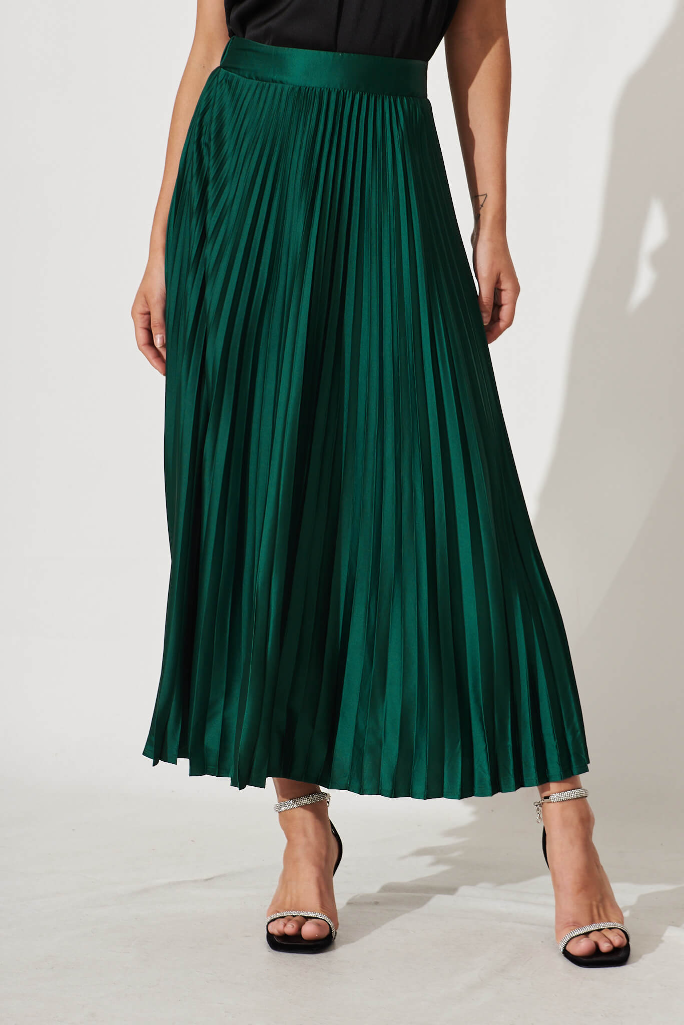 Emerald Satin Midi Pleat Skirt