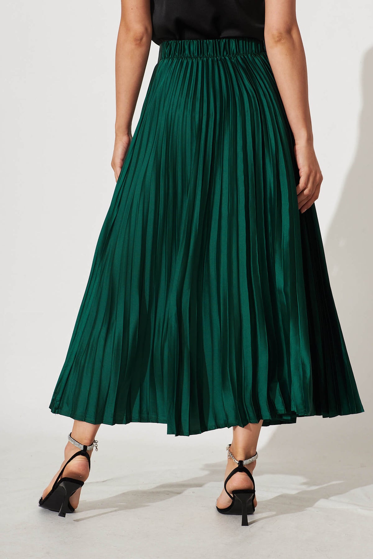 Emerald Satin Midi Pleat Skirt
