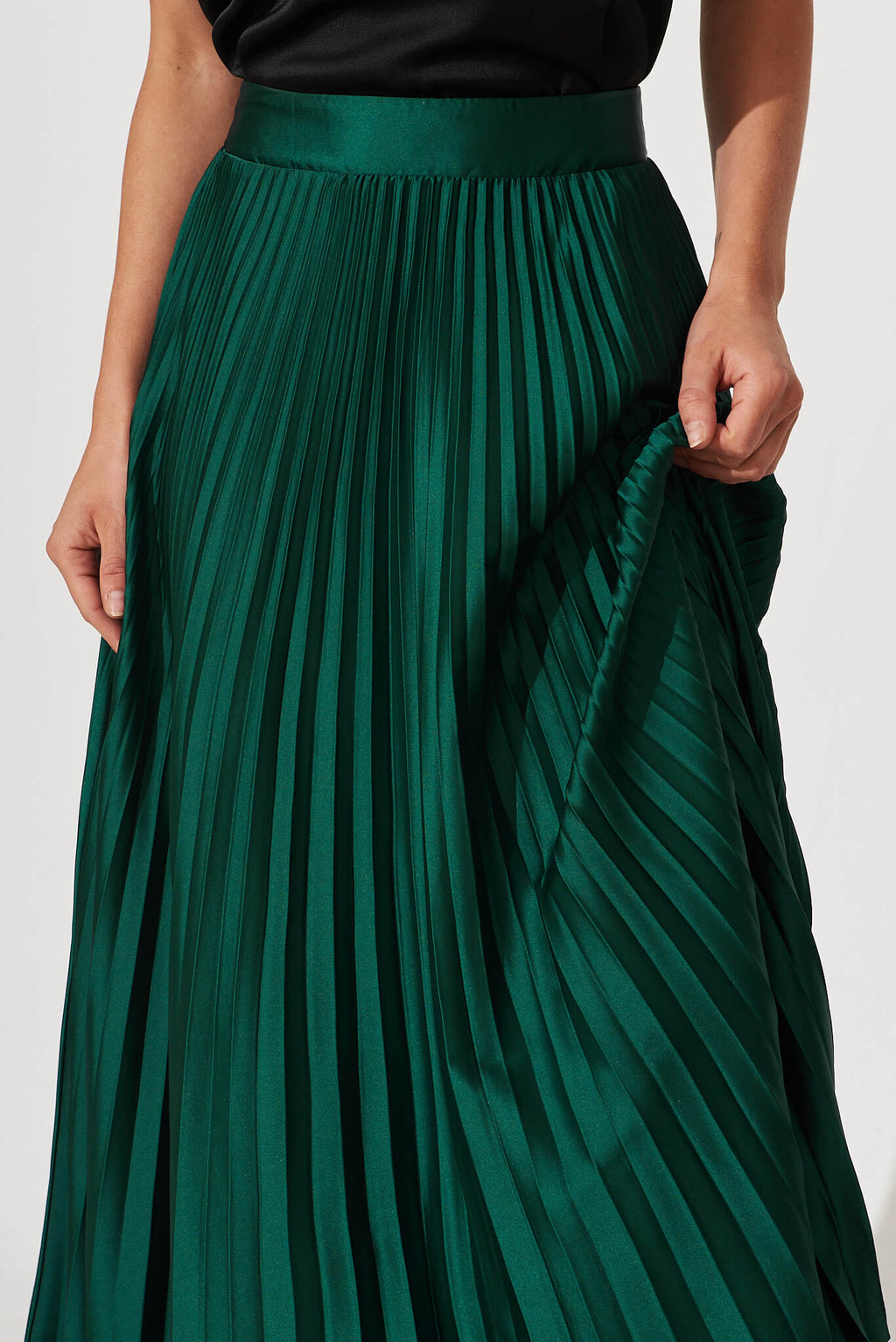 Emerald Satin Midi Pleat Skirt