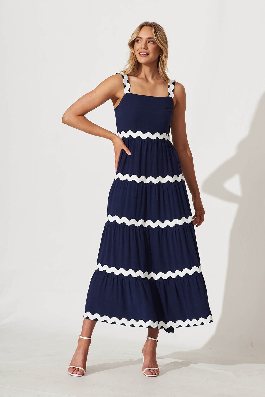 Navy & White Maxi Dress with Ric Rac Trim