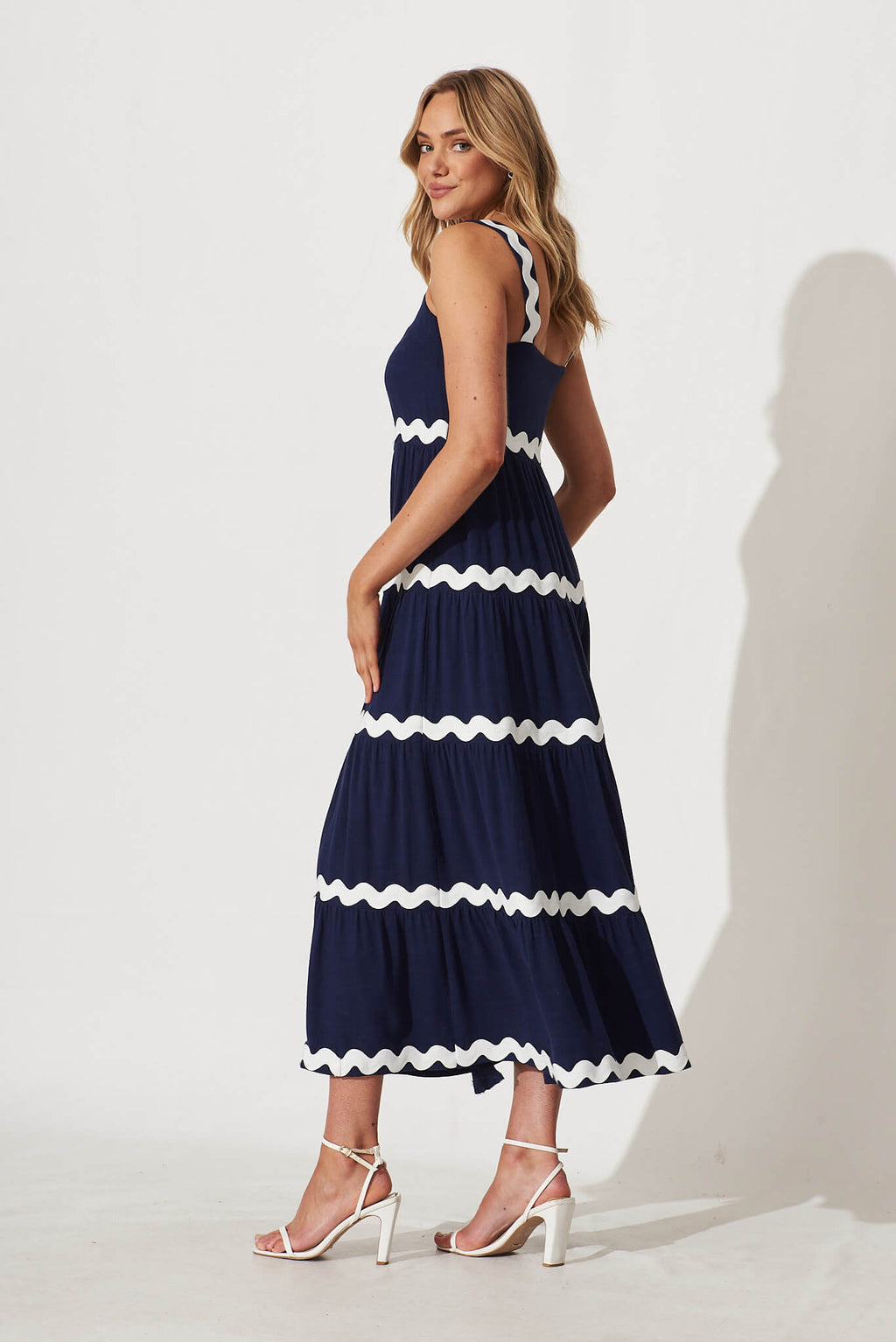 Navy & White Maxi Dress with Ric Rac Trim