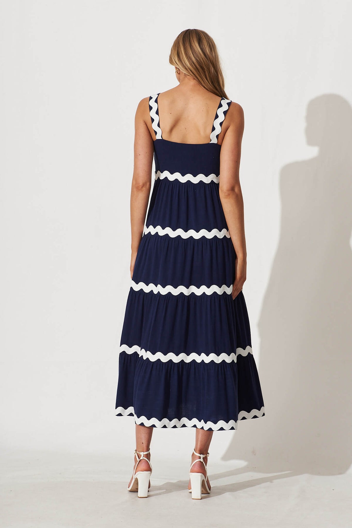 Navy & White Maxi Dress with Ric Rac Trim