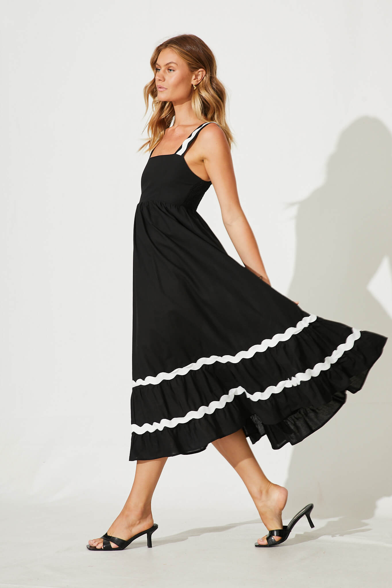Black Midi Sundress with White Ric Rac Trim - Cotton