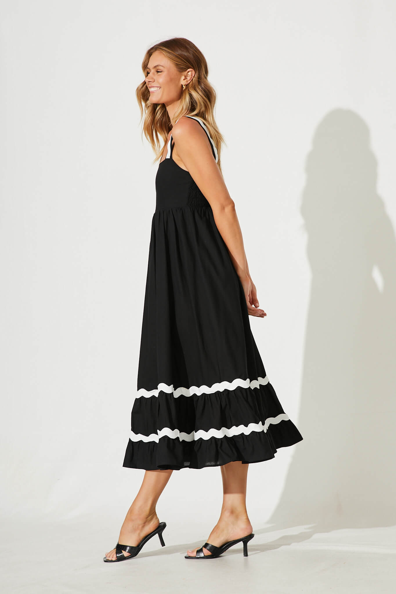 Black Midi Sundress with White Ric Rac Trim - Cotton