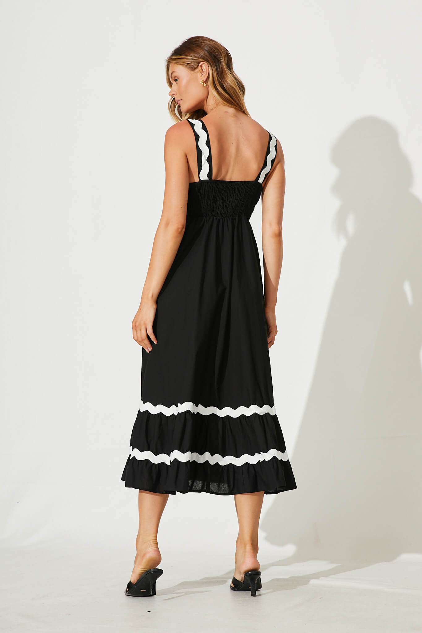 Black Midi Sundress with White Ric Rac Trim - Cotton