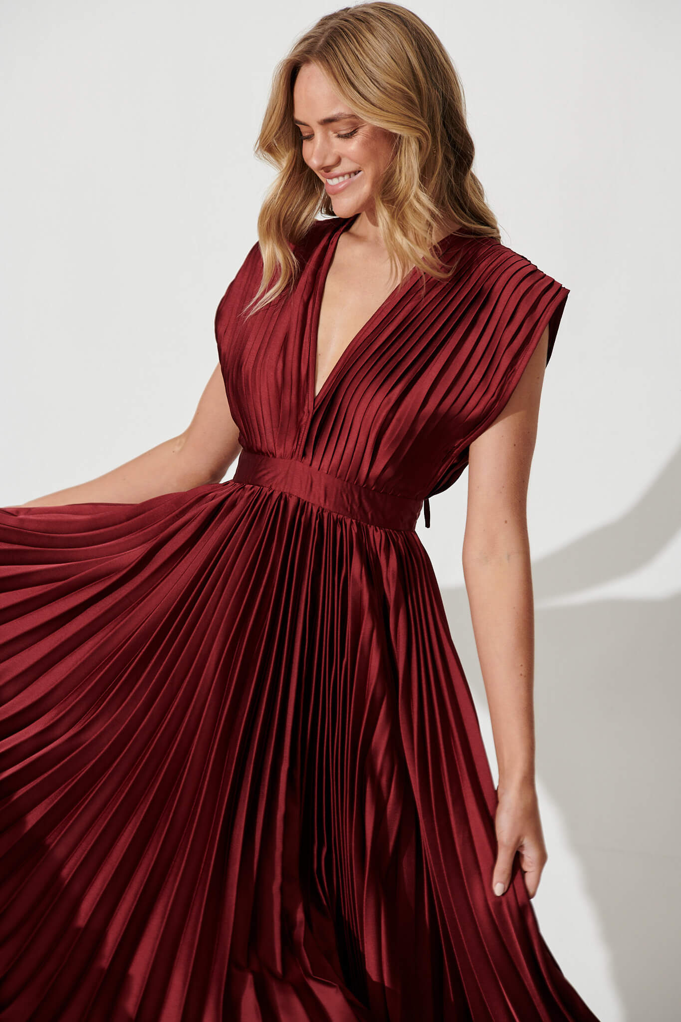 Wine Satin Pleated Midi Dress