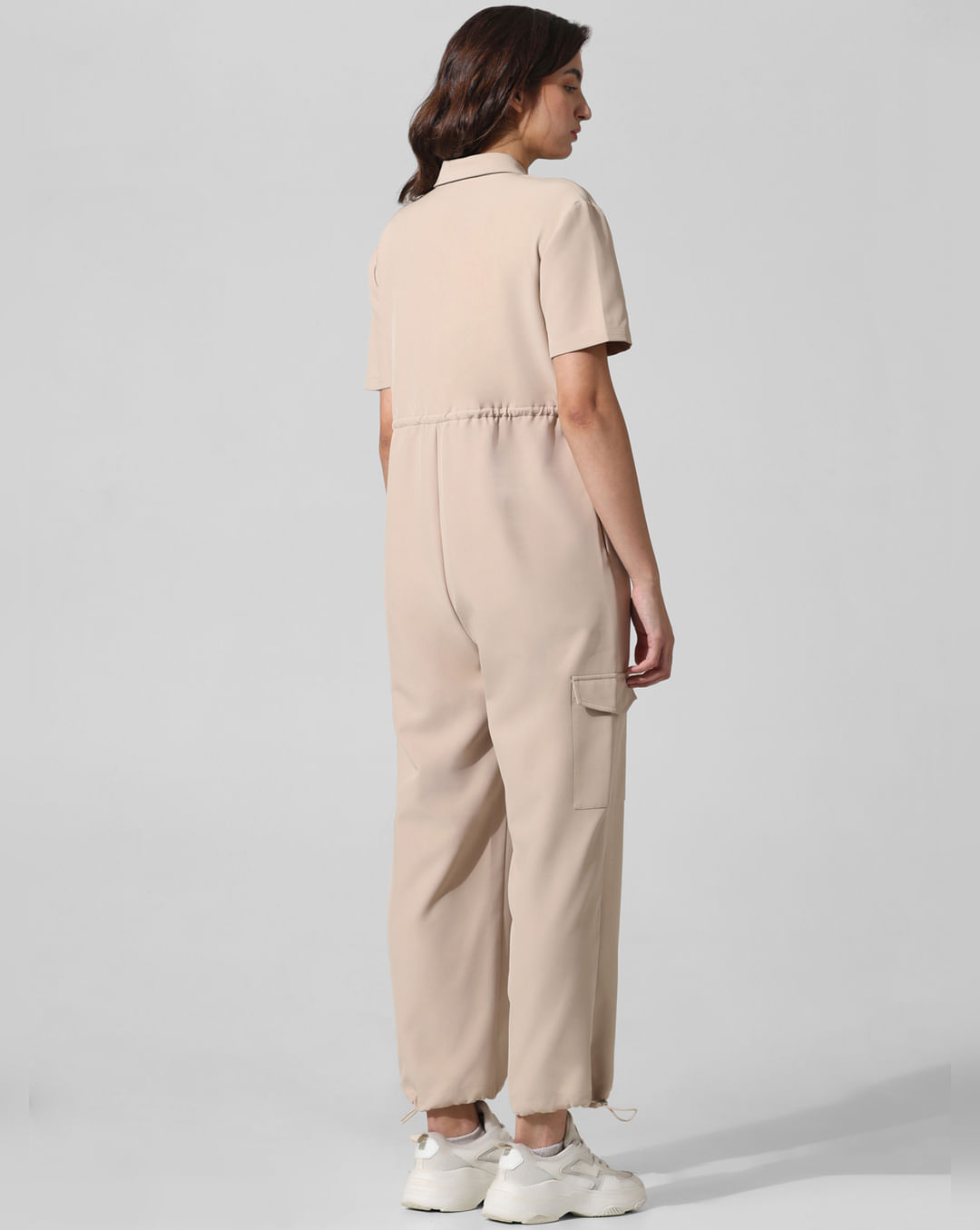 Beige Utility-Inspired Cargo Jumpsuit