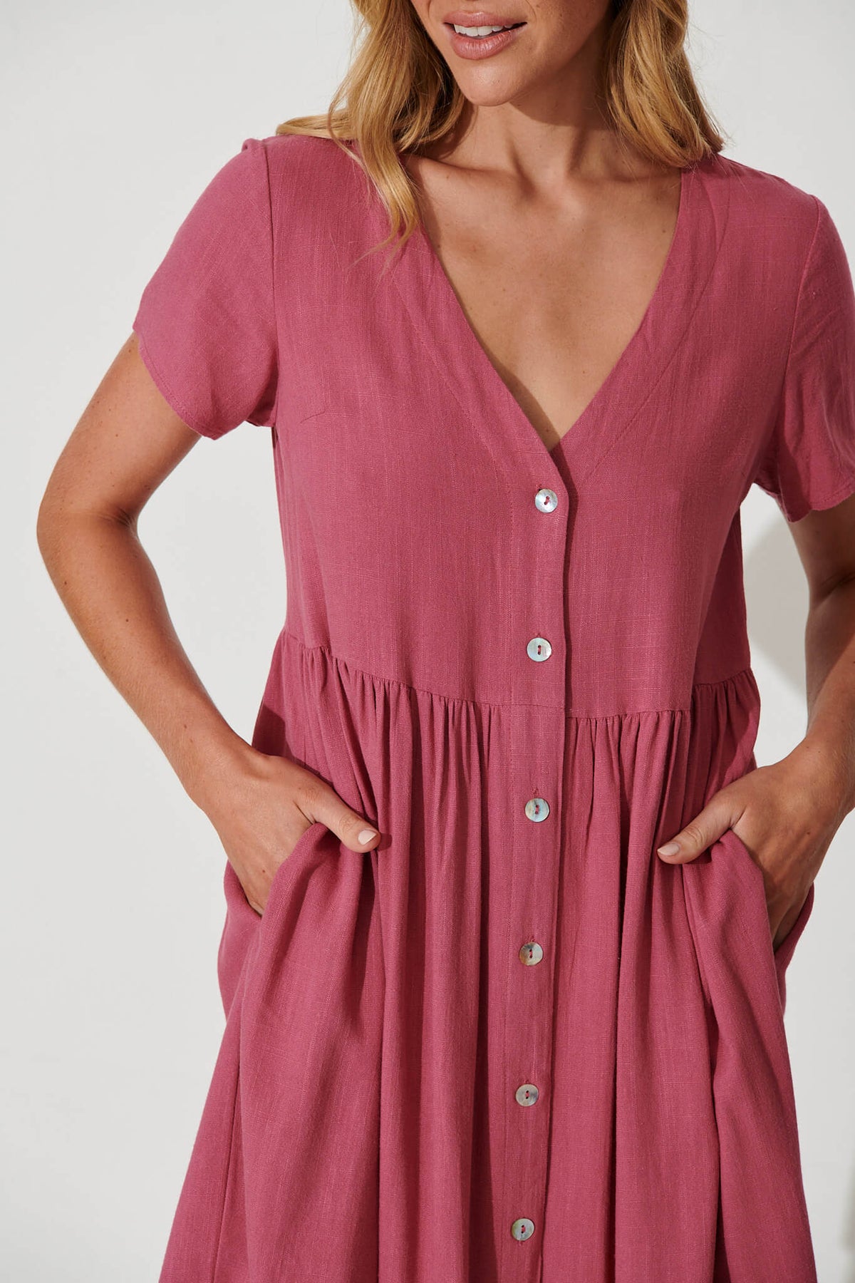Deep Rose Linen Blend Smock Dress