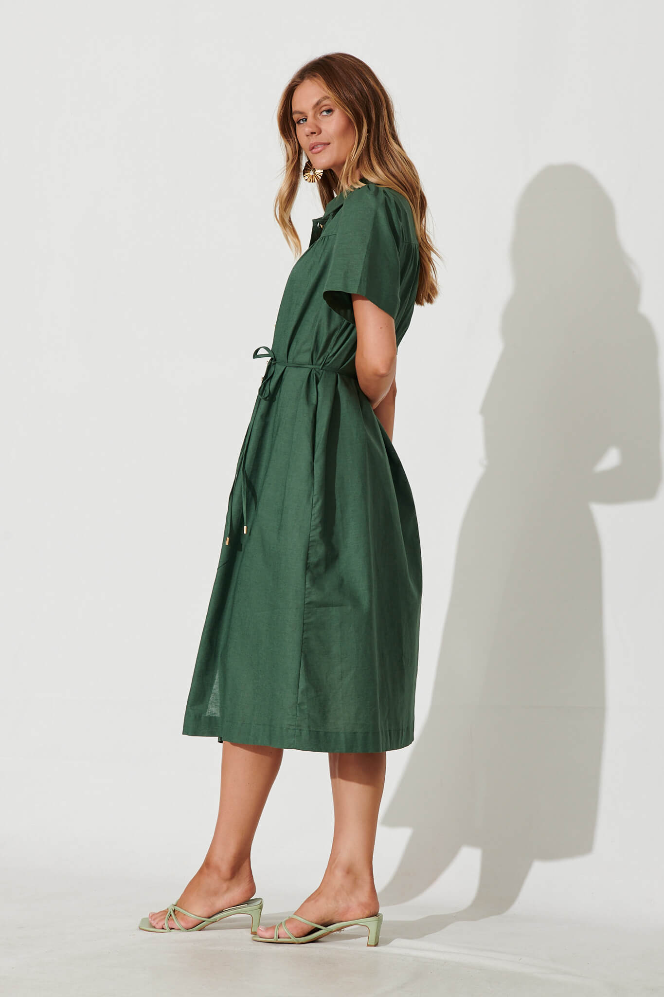 Green Cotton Linen Midi Shirt Dress by Oatland