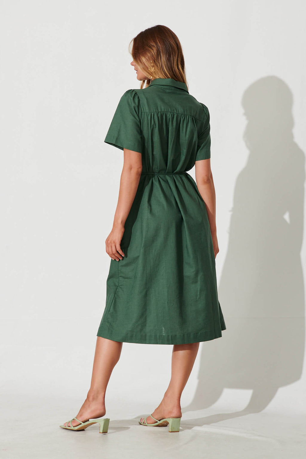 Green Cotton Linen Midi Shirt Dress by Oatland