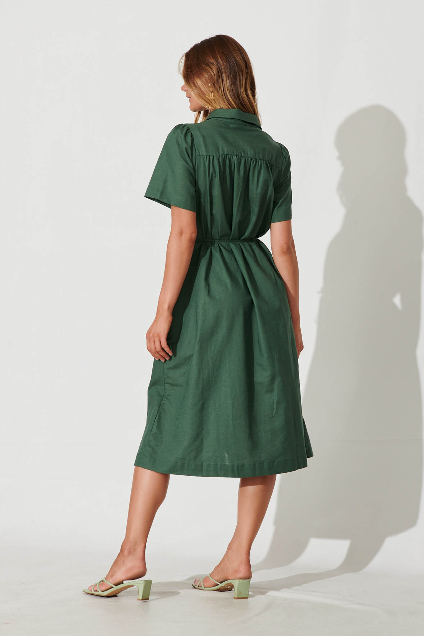 Green Cotton Linen Midi Shirt Dress by Oatland