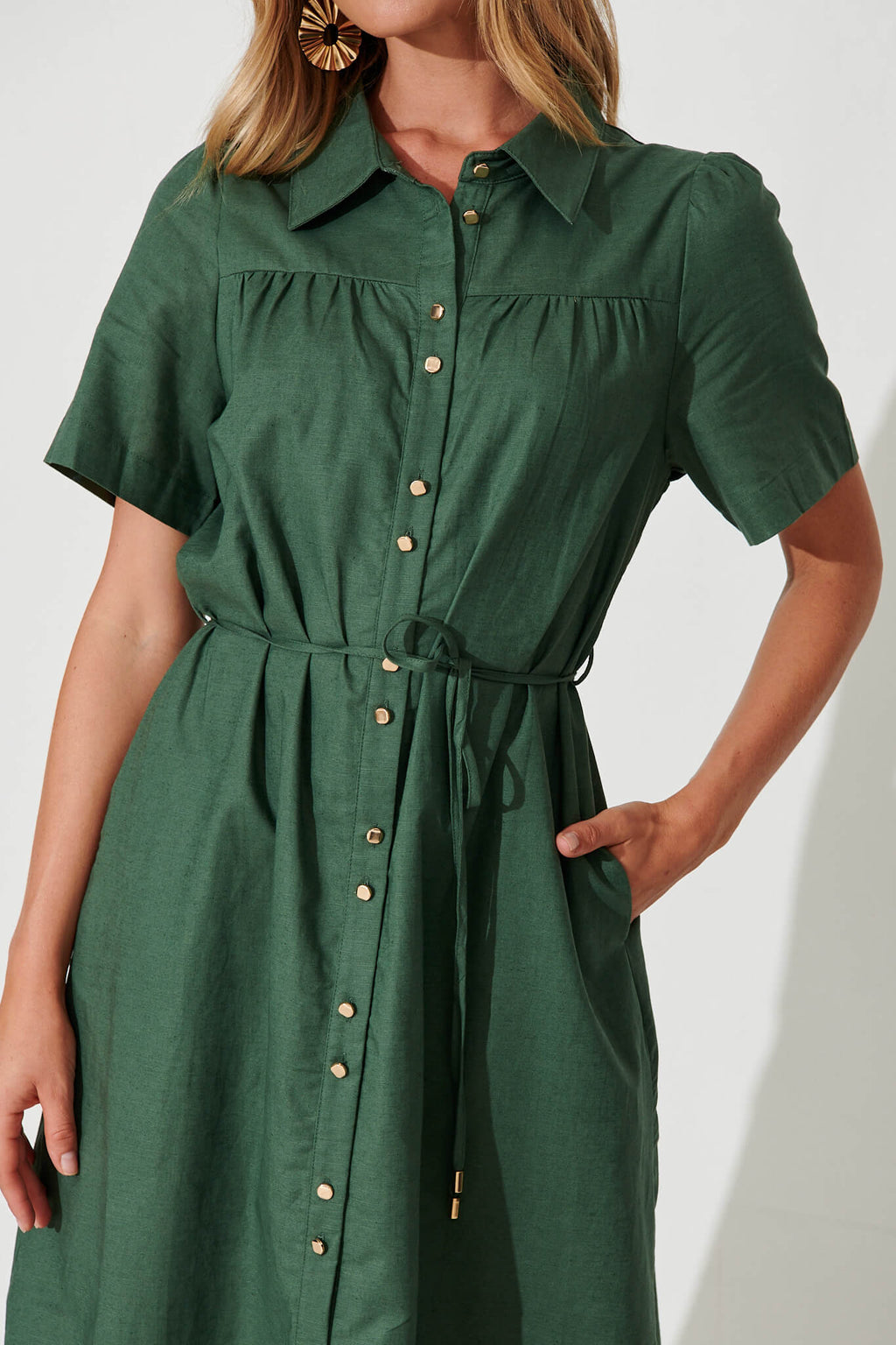 Green Cotton Linen Midi Shirt Dress by Oatland