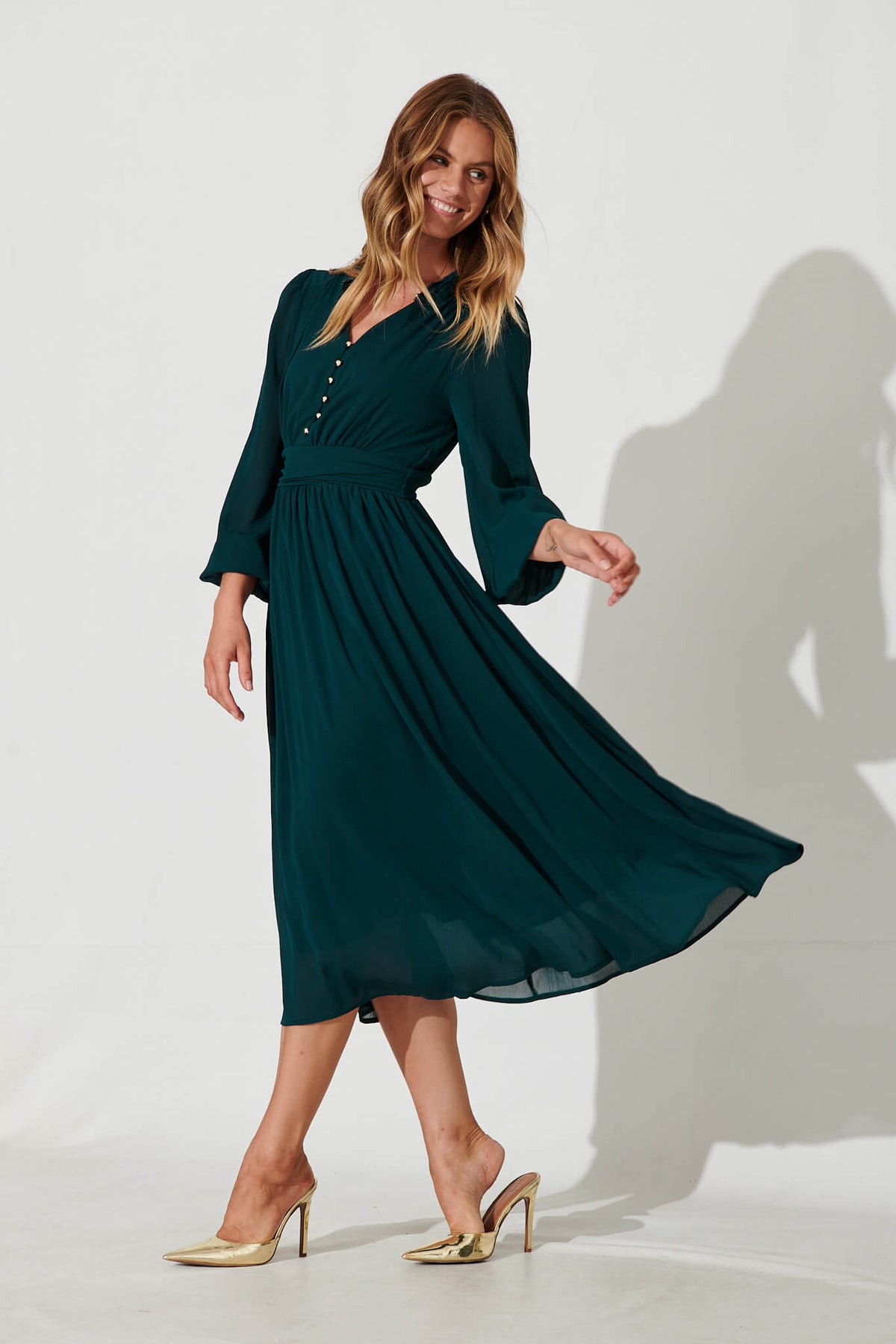 Emerald Chiffon Midi Dress