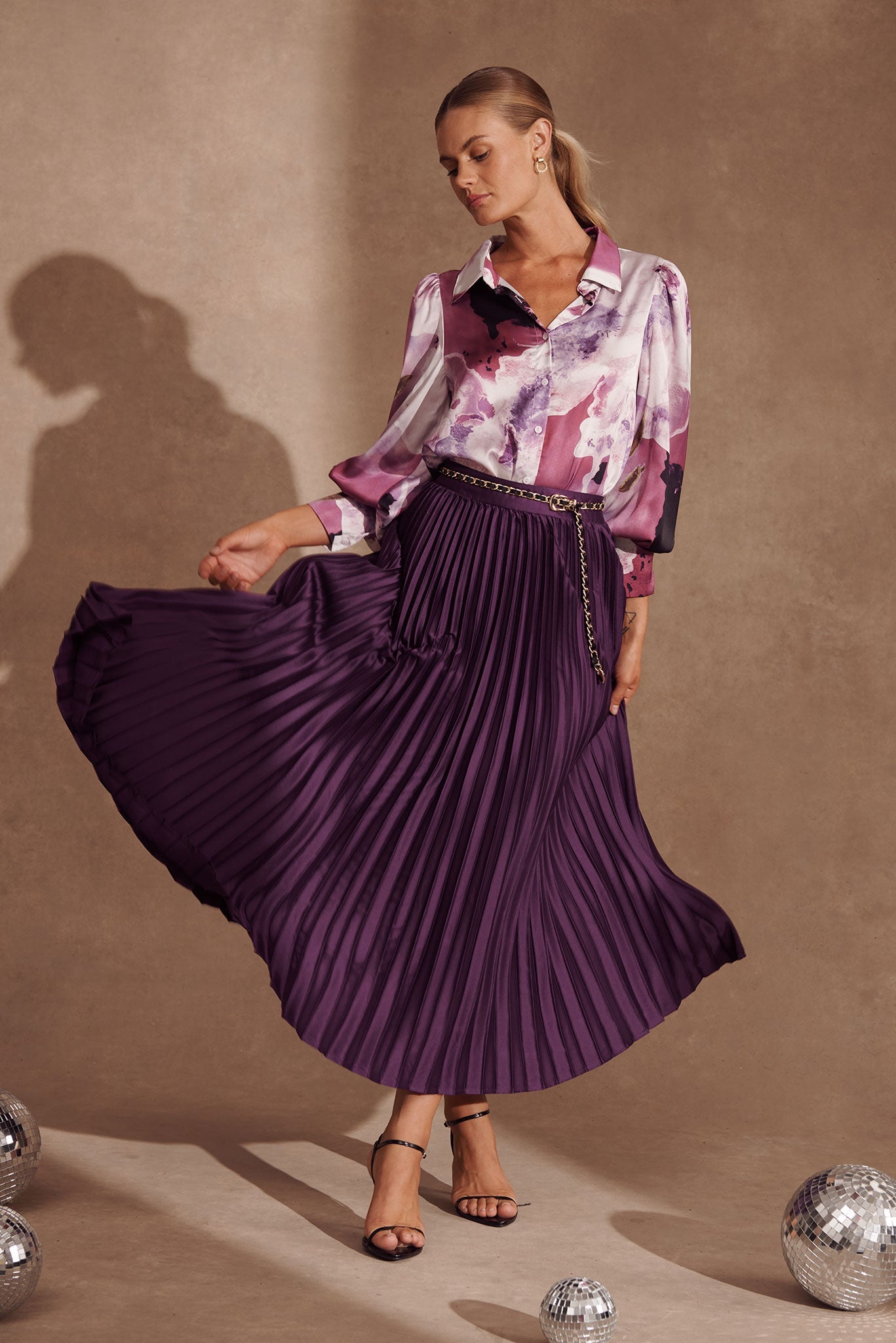 Plum Satin Midi Pleat Skirt