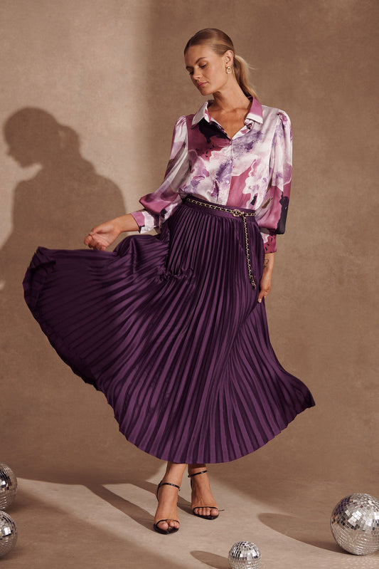 Plum Satin Midi Pleat Skirt