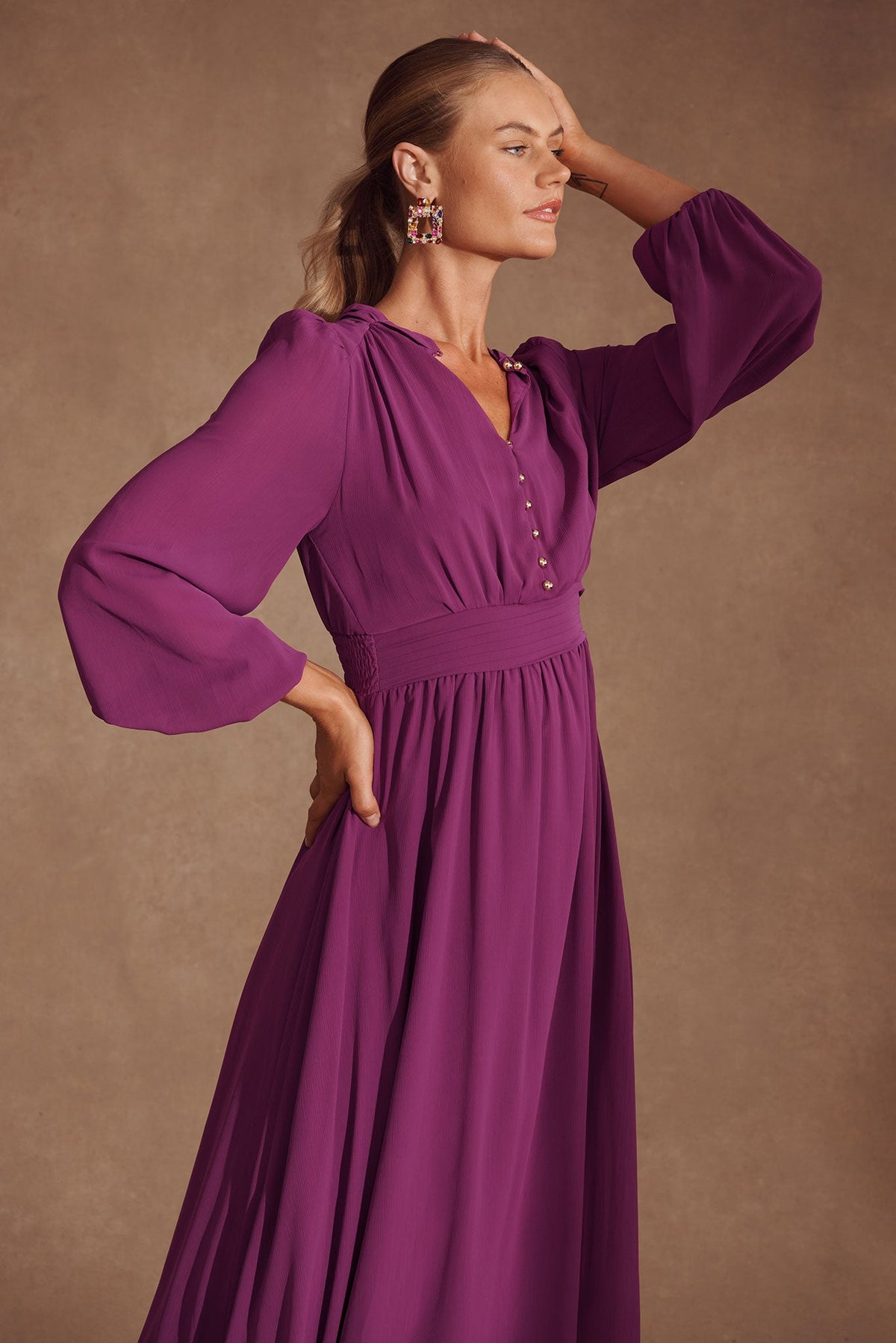 Plum Chiffon Midi Dress