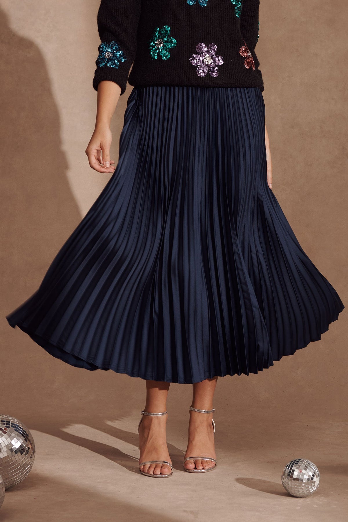 Navy Satin Midi Pleat Skirt