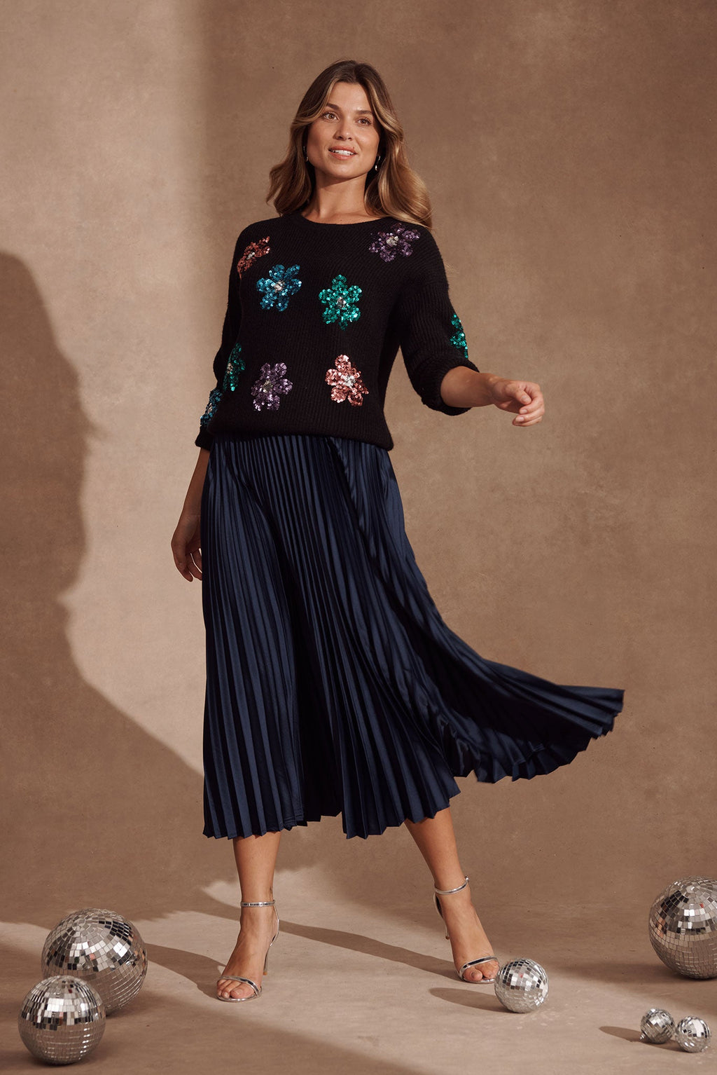 Navy Satin Midi Pleat Skirt