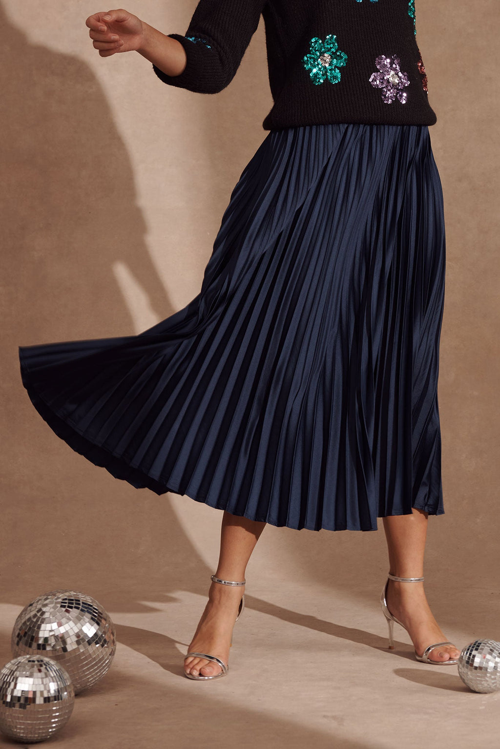 Navy Satin Midi Pleat Skirt