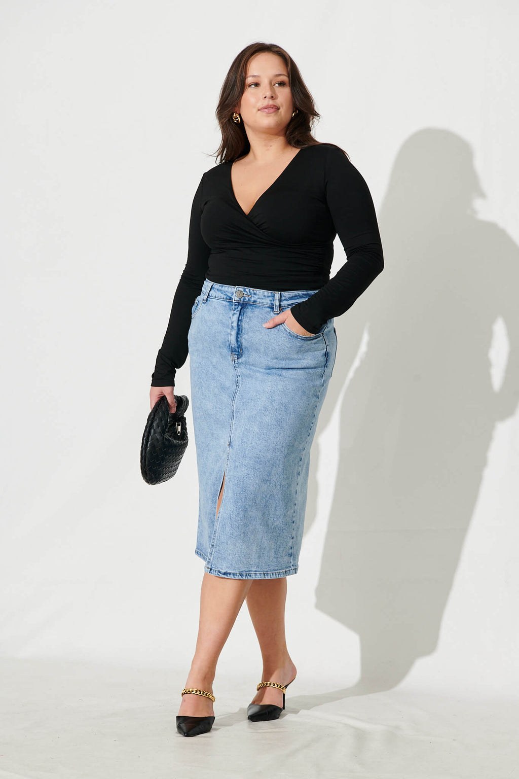 Light Blue Midi Stretch Denim Skirt