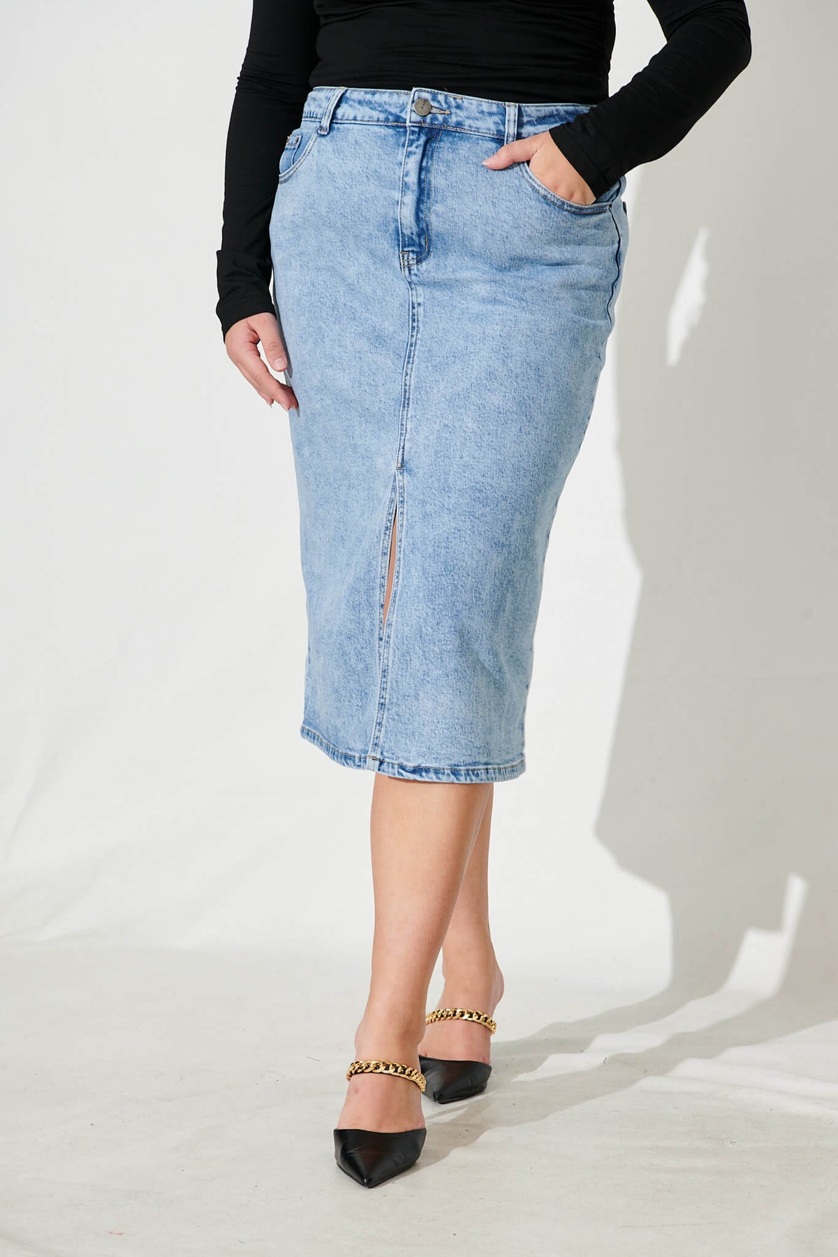 Light Blue Midi Stretch Denim Skirt
