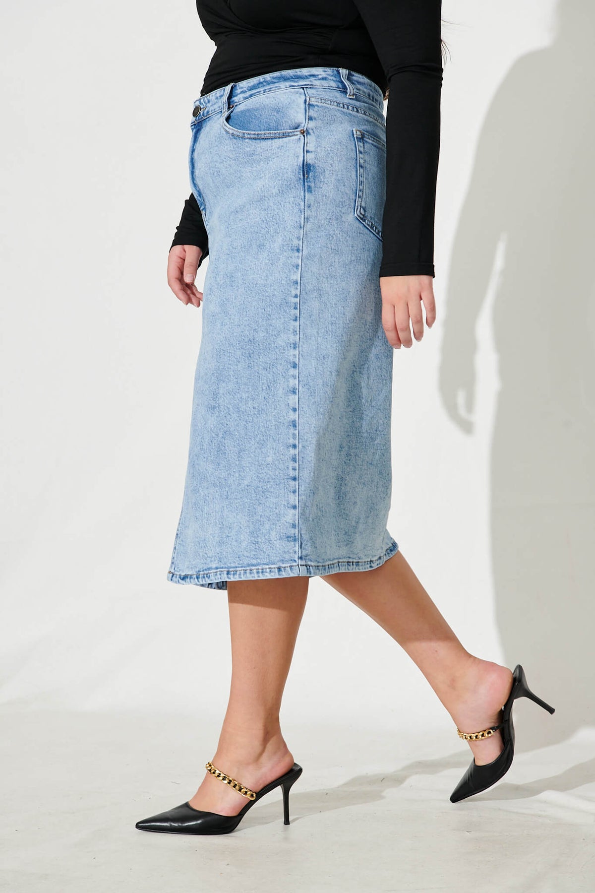 Light Blue Midi Stretch Denim Skirt
