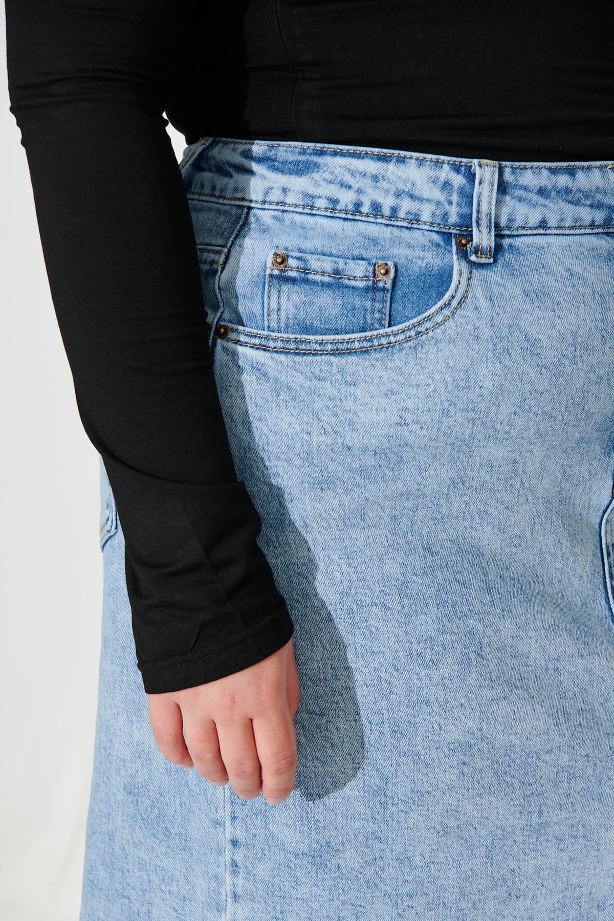 Light Blue Midi Stretch Denim Skirt