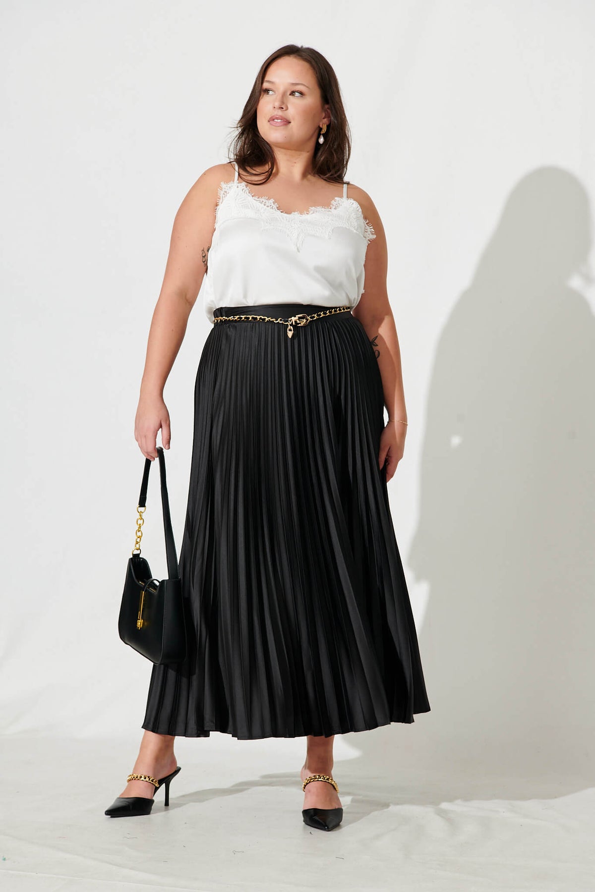 Allison Black Satin Midi Skirt
