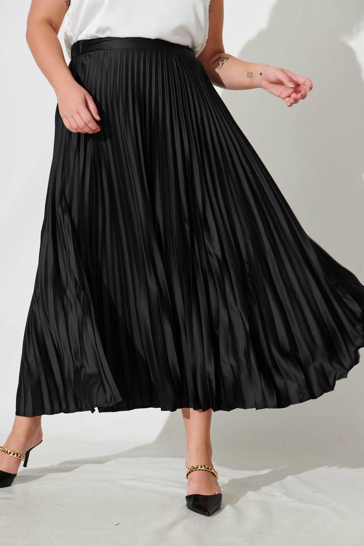Allison Black Satin Midi Skirt