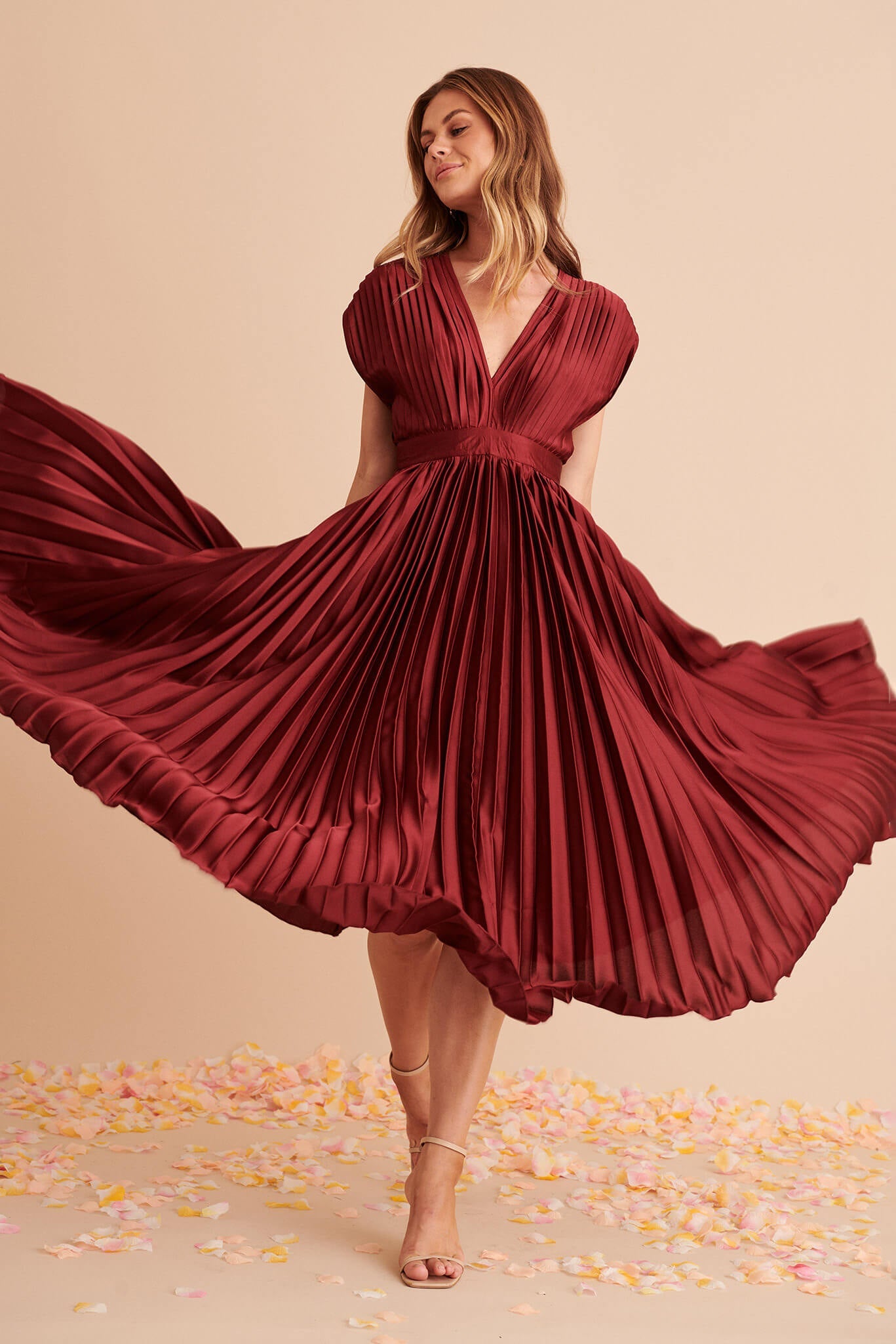 Wine Satin Pleated Midi Dress