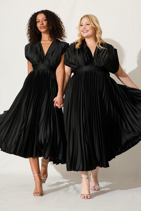 Black Satin Pleated Midi Dress - Anetta