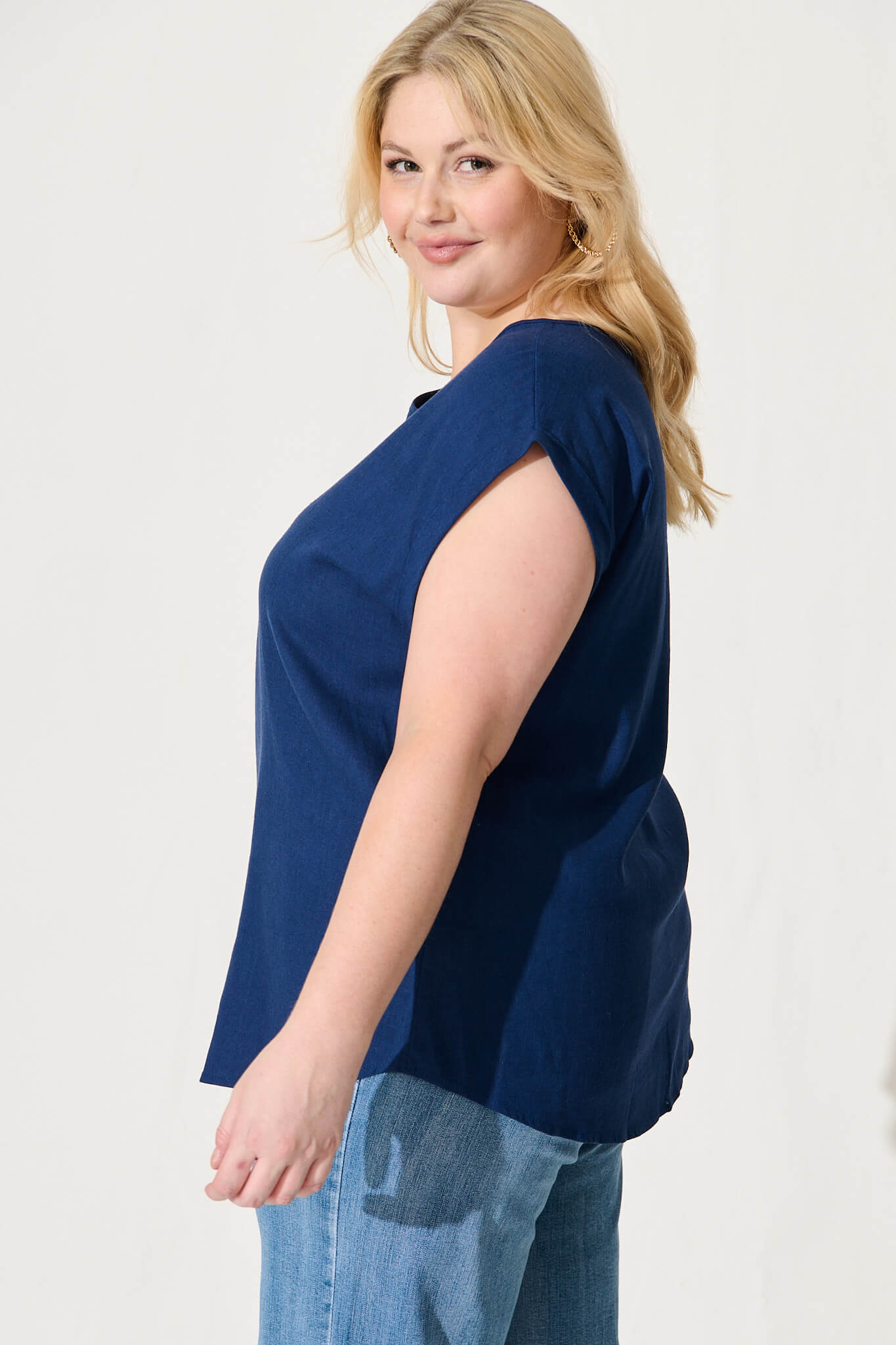 Navy Linen Blend Top