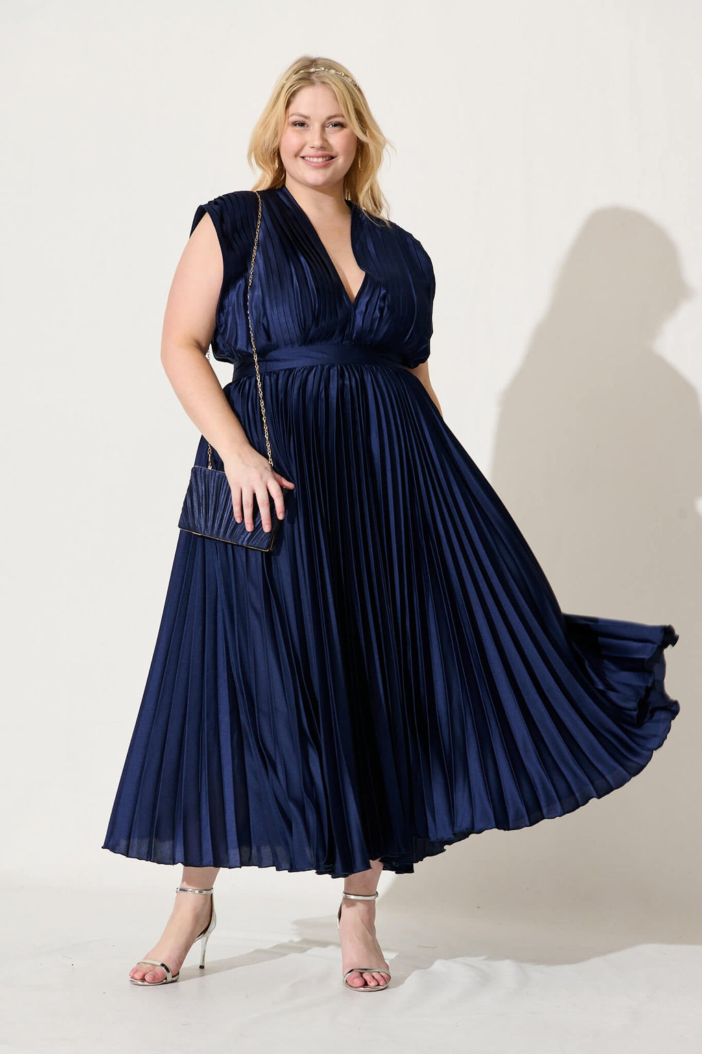 Anetta Pleated Navy Satin Midi Dress