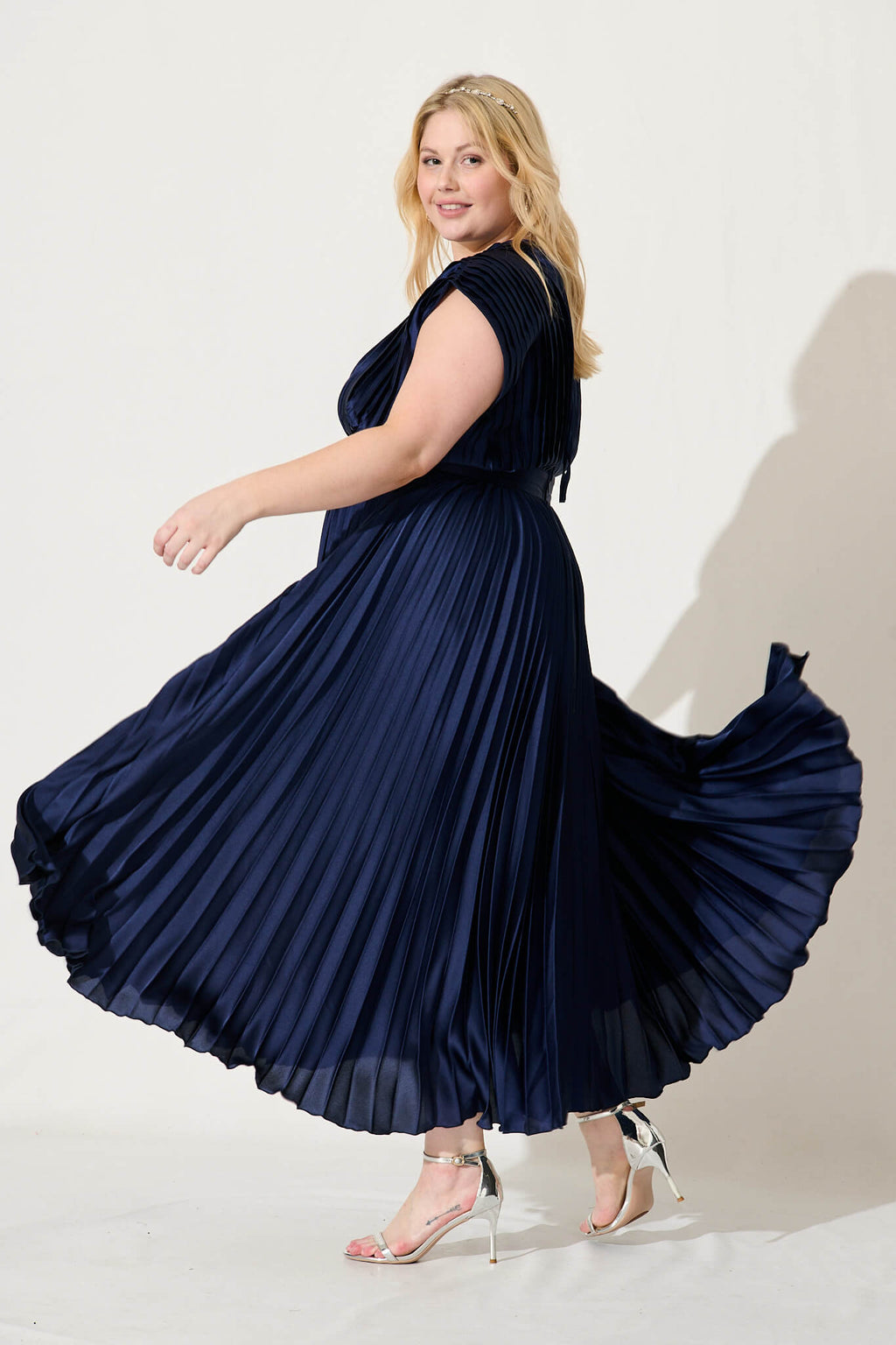 Anetta Pleated Navy Satin Midi Dress