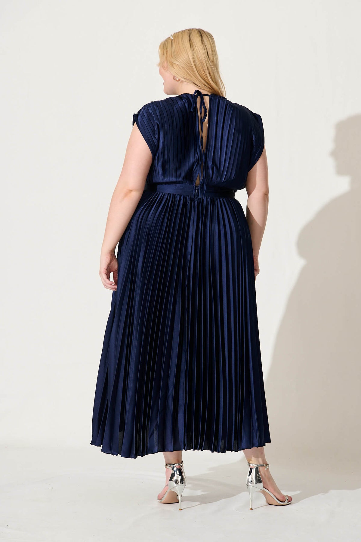 Anetta Pleated Navy Satin Midi Dress