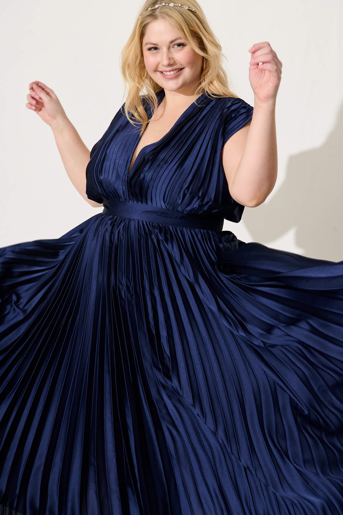 Anetta Pleated Navy Satin Midi Dress