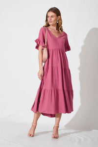 Deep Rose Linen Blend Midi Dress
