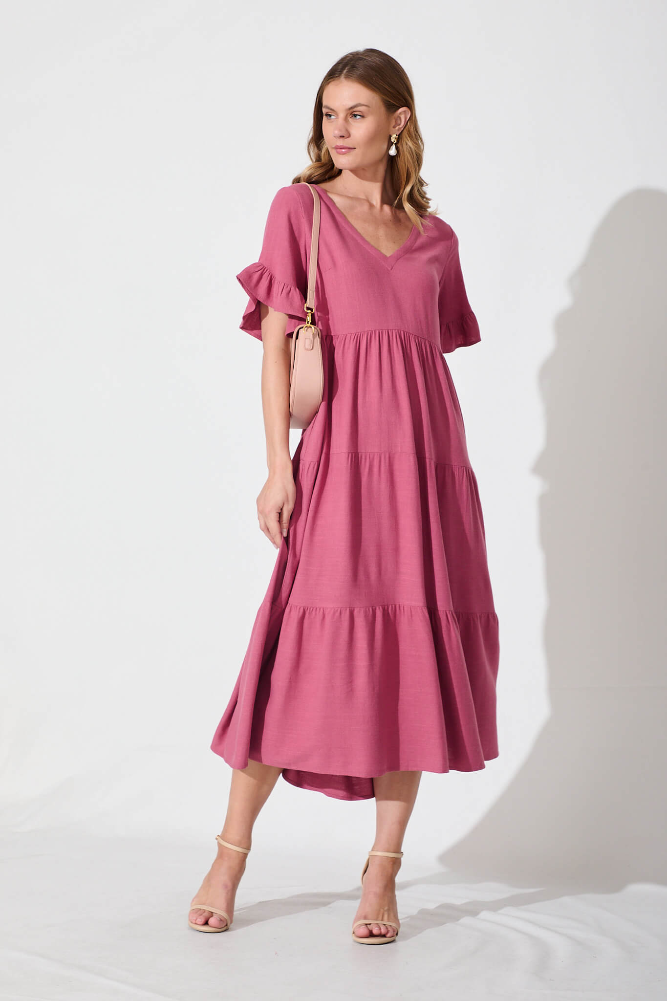 Deep Rose Linen Blend Midi Dress
