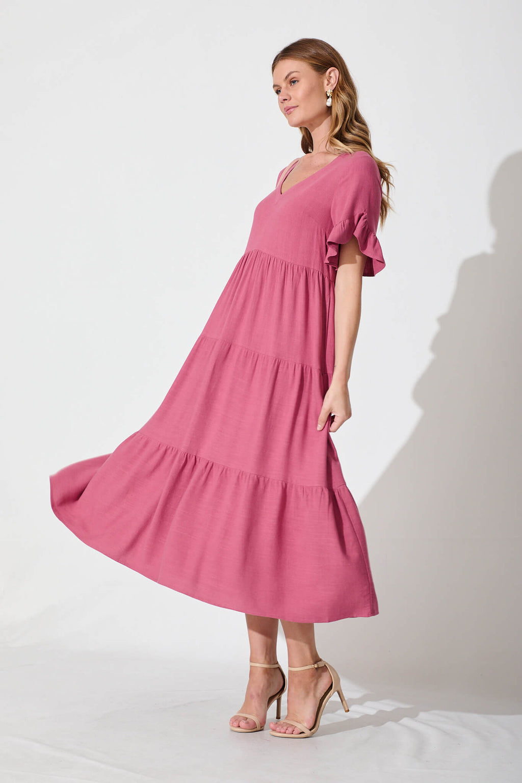 Deep Rose Linen Blend Midi Dress