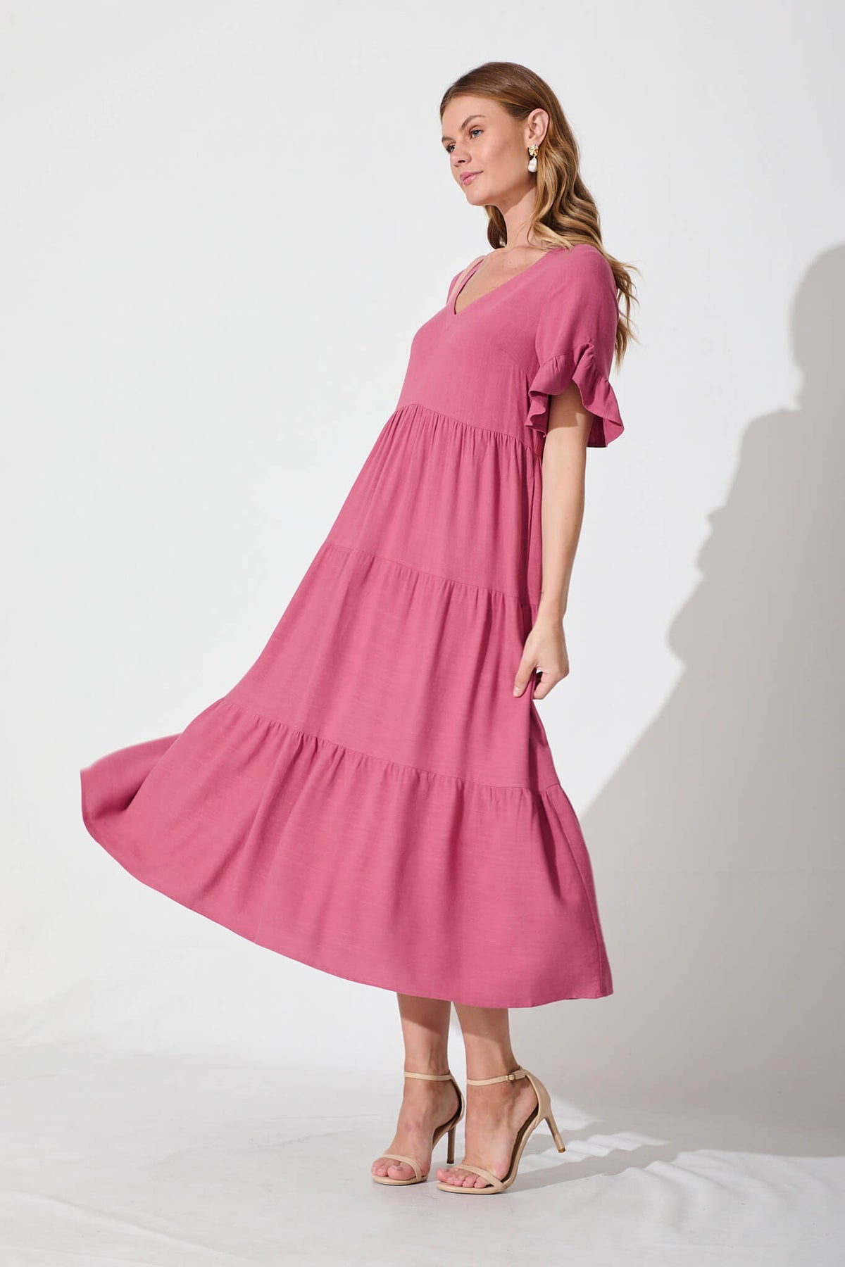 Deep Rose Linen Blend Midi Dress