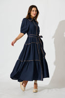 Navy Maxi Shirt Dress with Contrast Piping