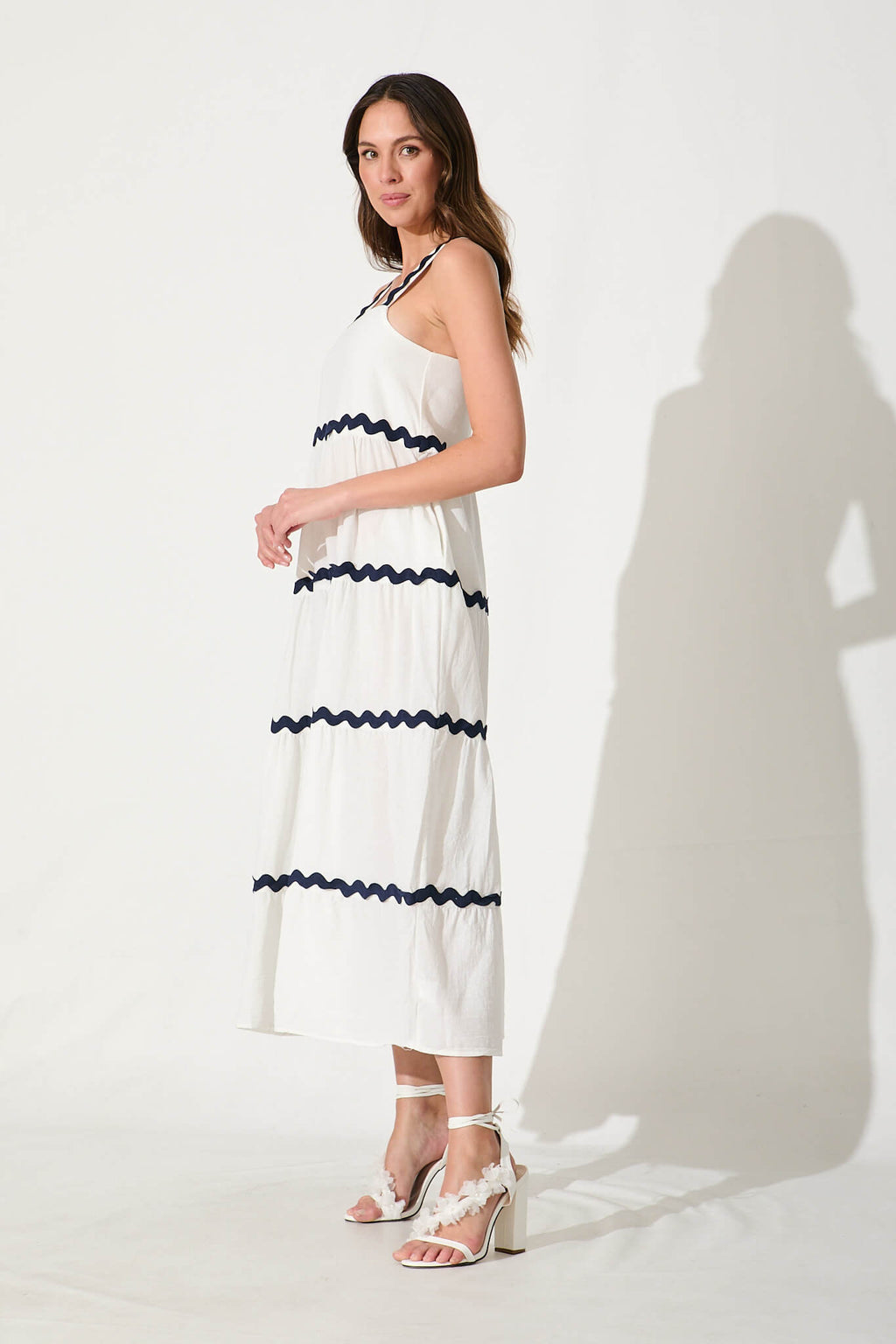 White Maxi Dress with Navy Ric Rac Trim