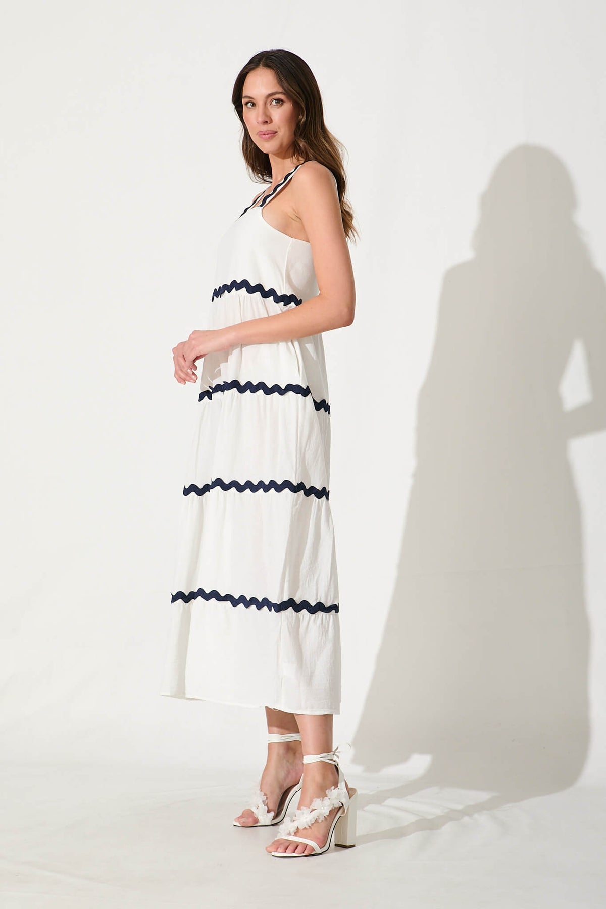 White Maxi Dress with Navy Ric Rac Trim