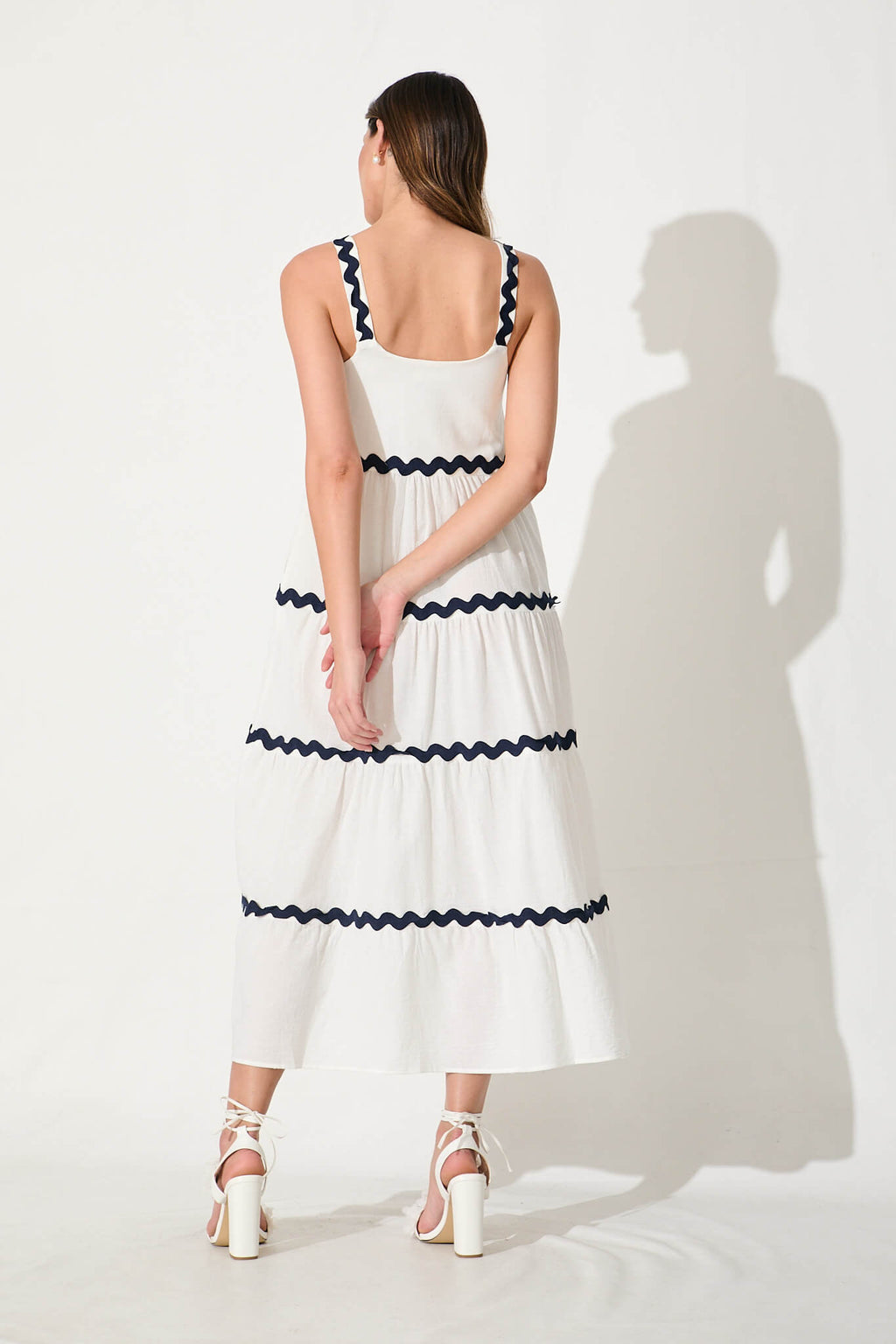 White Maxi Dress with Navy Ric Rac Trim
