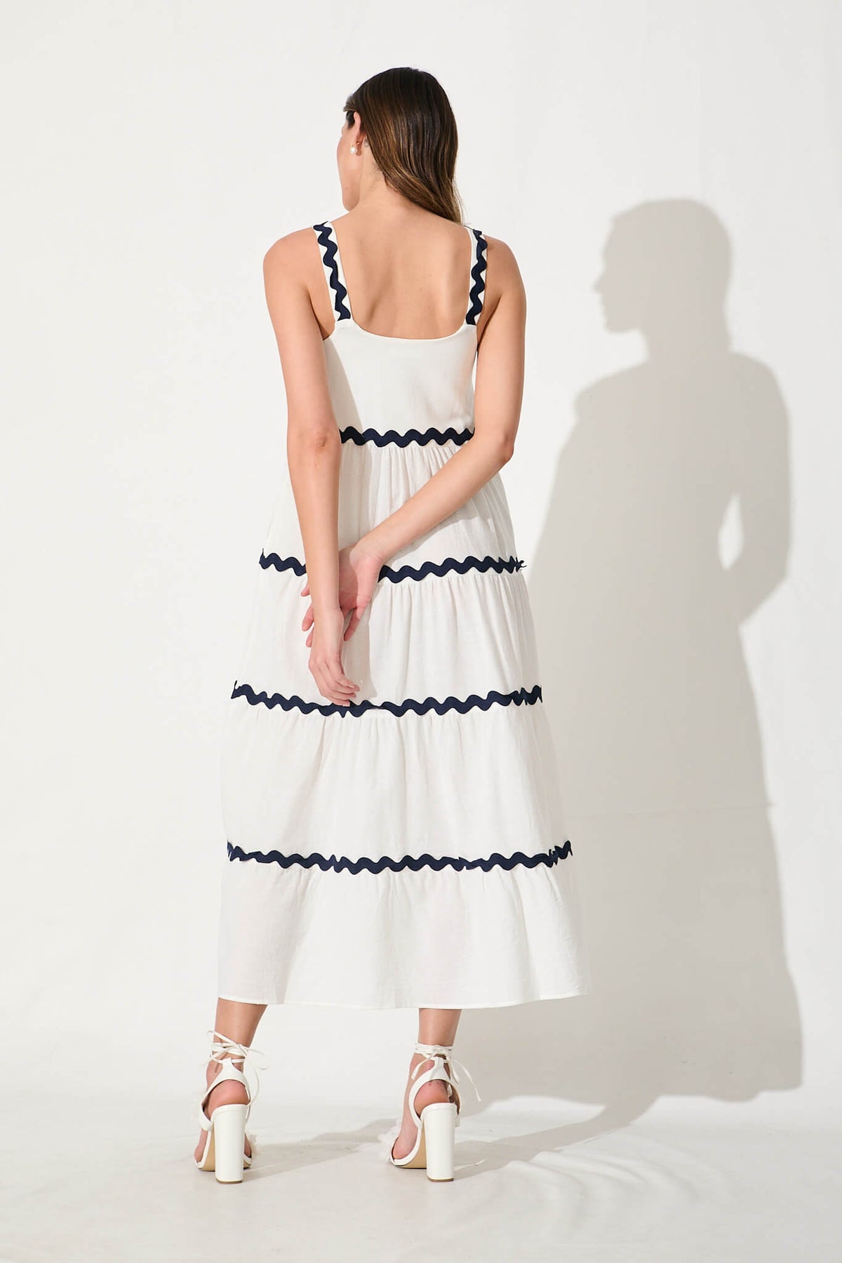 White Maxi Dress with Navy Ric Rac Trim