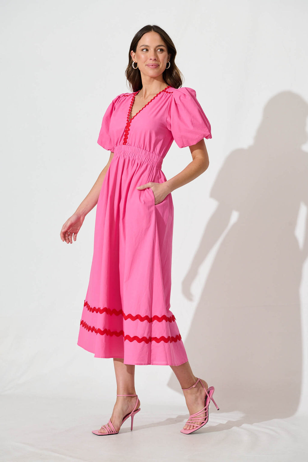 Pink Maxi Dress with Red Ric Rac Trim - Cotton Blend