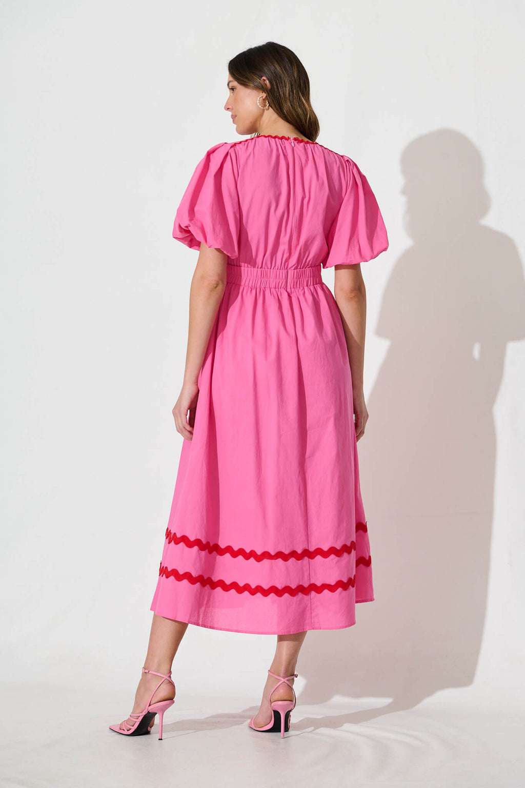 Pink Maxi Dress with Red Ric Rac Trim - Cotton Blend