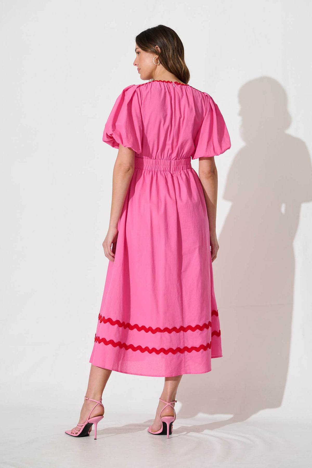 Pink Maxi Dress with Red Ric Rac Trim - Cotton Blend