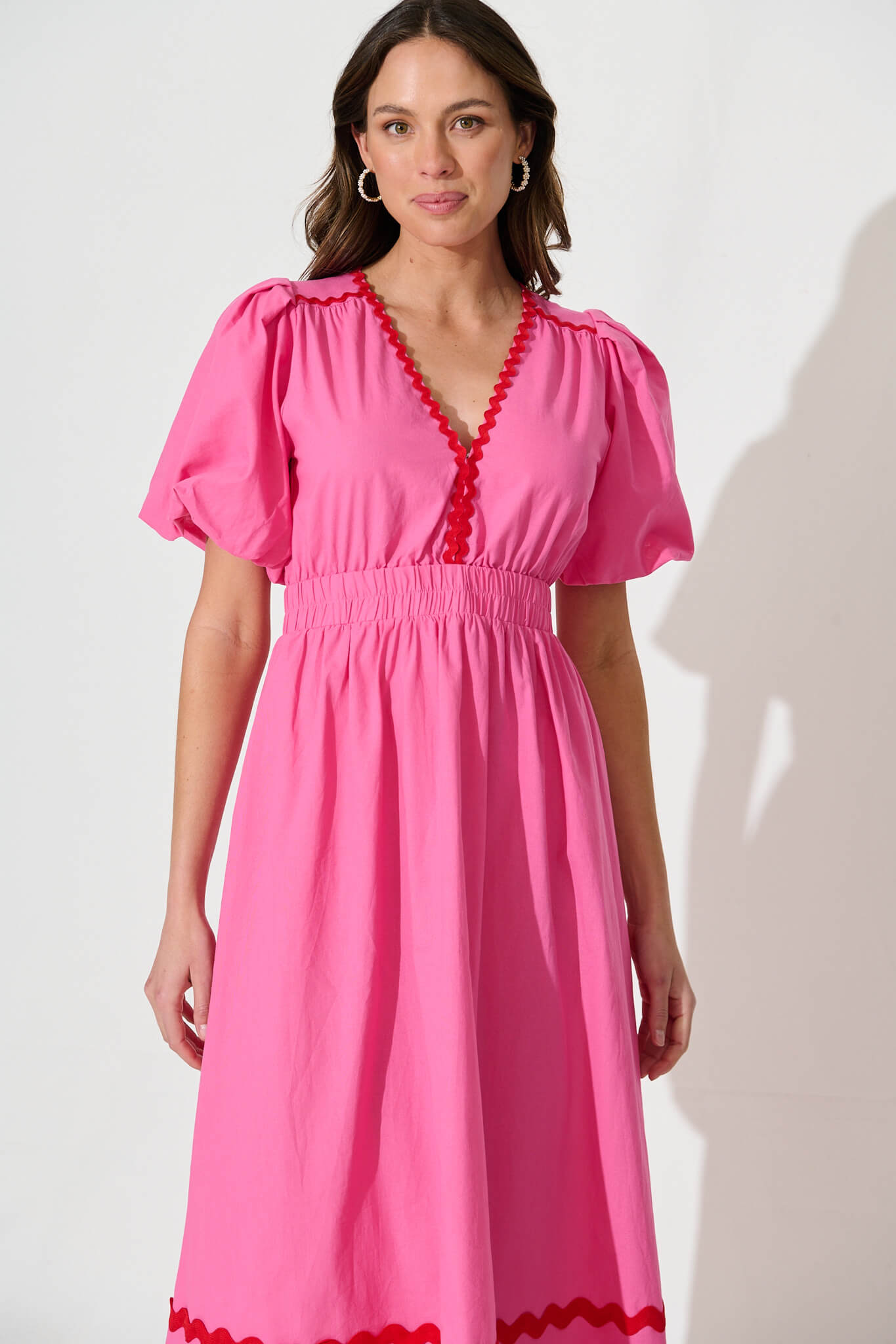 Pink Maxi Dress with Red Ric Rac Trim - Cotton Blend