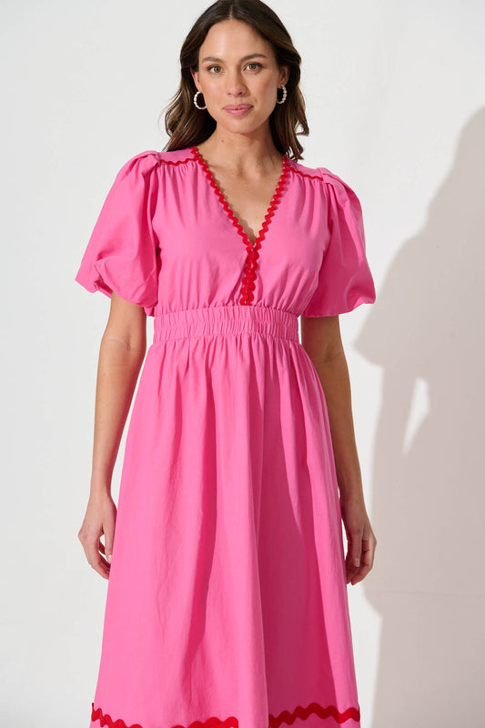 Pink Maxi Dress with Red Ric Rac Trim - Cotton Blend